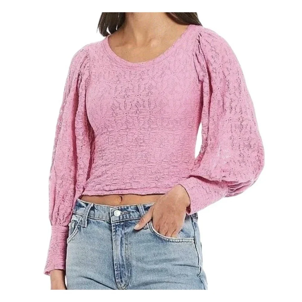 Free People Tea Time Long Puff Sleeve‎ Top Women's Size Large Plumeria Pink